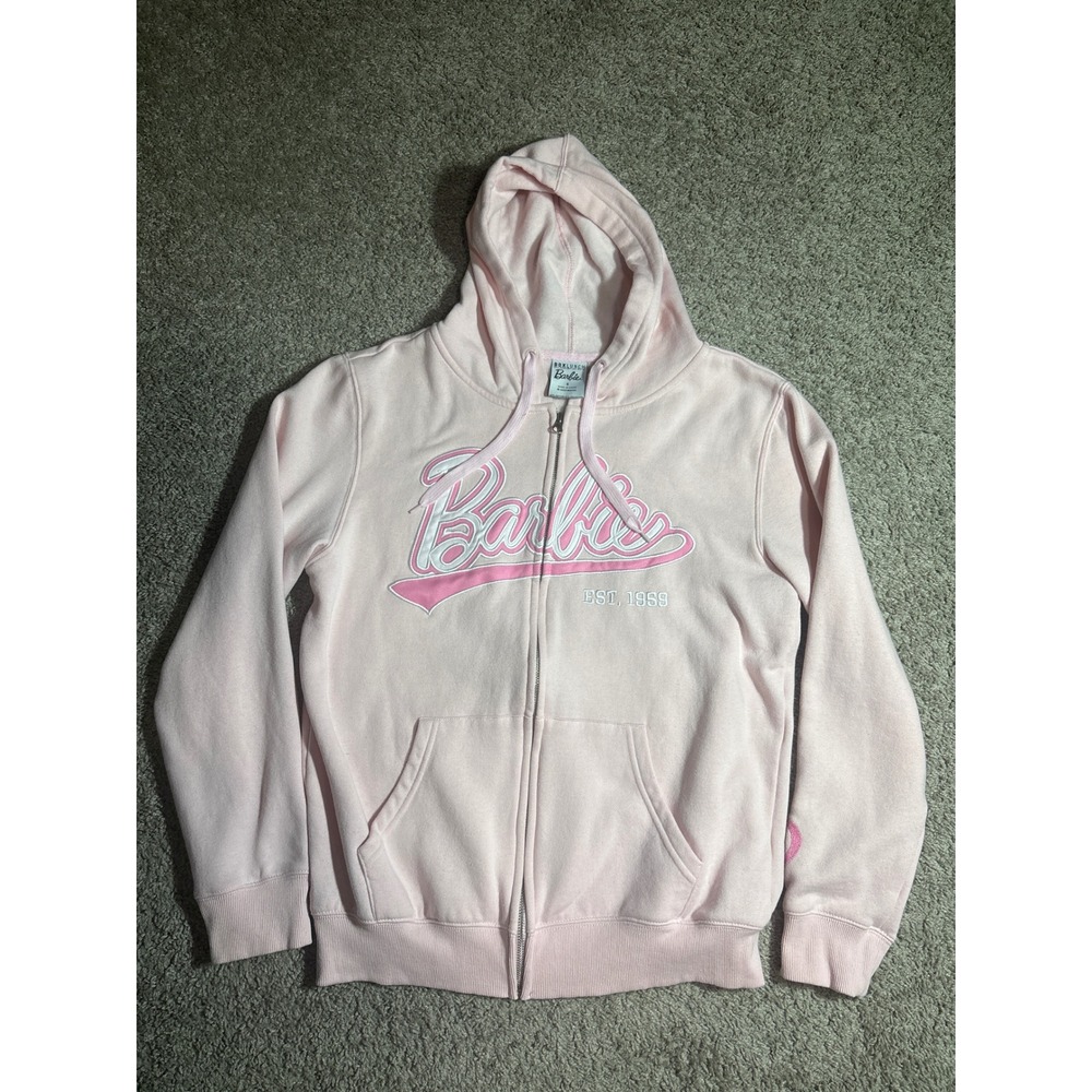 BoxLunch Barbie Pink Zip Up Hoodie Sweatshirt Est 1959 Varsity Logo Small